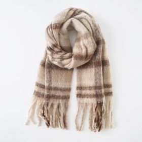 Scarf autumn and winter new warm rainbow tassel fashion trend soft thickened scarf striped color matching (Color: Beige)