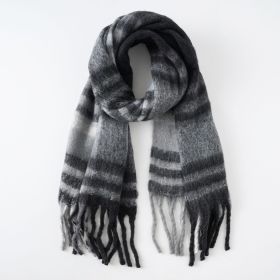 Scarf autumn and winter new warm rainbow tassel fashion trend soft thickened scarf striped color matching (Color: Black)