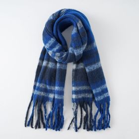 Scarf autumn and winter new warm rainbow tassel fashion trend soft thickened scarf striped color matching (Color: Blue)