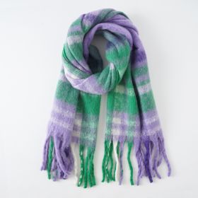 Scarf autumn and winter new warm rainbow tassel fashion trend soft thickened scarf striped color matching (Color: Green)