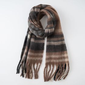 Scarf autumn and winter new warm rainbow tassel fashion trend soft thickened scarf striped color matching (Color: Brown)