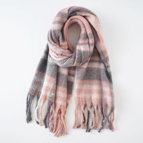 Scarf autumn and winter new warm rainbow tassel fashion trend soft thickened scarf striped color matching (Color: Pink)