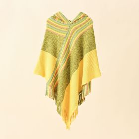 Women's color matching spring autumn winter hooded shawls mid-length student leisure tassel shawl travel (Color: Yellow)