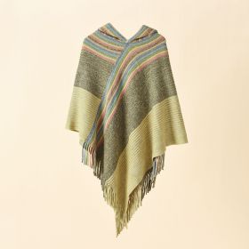 Women's color matching spring autumn winter hooded shawls mid-length student leisure tassel shawl travel (Color: Khaki)