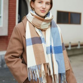 Autumn and winter new plaid scarf; cashmere tassel; lengthening; warm keeping; fashion; simple shawl; scarf; factory wholesale (Length (CM): 70*180cm, colour: blue)