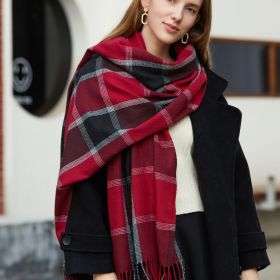 2022 New checked scarf; cashmere like warm contrast shawl; European and American street tassel factory straight hair (Length (CM): 70*180cm, colour: red)