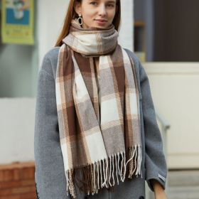 2022 New checked scarf; cashmere like warm contrast shawl; European and American street tassel factory straight hair (Length (CM): 70*180cm, colour: Dark brown)