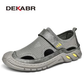 DKEABR Handmade Trending Summer Outdoor Sandals Leisure Breathable Mesh Beach Shoes High Quality Soft Sole Walking Shoes For Men (Color: 02 Gray, size: 9.5)