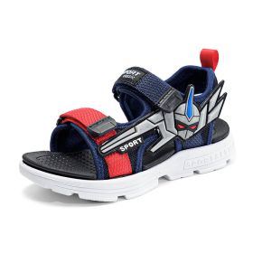 Summer Kids Fashion Sandals Breathable Mesh 2022 New Boys Outdoor Beach Shoes Non-Slip Cool Print Children Comfortable Sandal (Color: Dark Blue, size: 32)