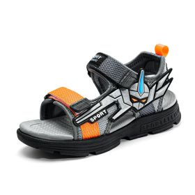 Summer Kids Fashion Sandals Breathable Mesh 2022 New Boys Outdoor Beach Shoes Non-Slip Cool Print Children Comfortable Sandal (Color: Gray Orange, size: 38)