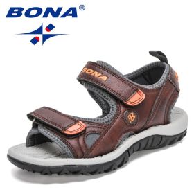 BONA 2021 New Designers Summer Fashion Kids Sandals Flat Sandals Boys Summer Shoes Teenager Sports Sandals Children Comfortable (Color: Dark brown orange, size: 4)