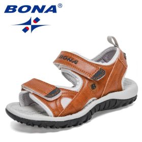 BONA 2021 New Designers Summer Fashion Kids Sandals Flat Sandals Boys Summer Shoes Teenager Sports Sandals Children Comfortable (Color: Light brown D blue, size: 3.5)