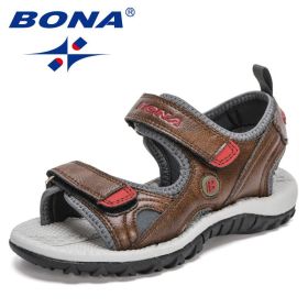 BONA 2021 New Designers Summer Fashion Kids Sandals Flat Sandals Boys Summer Shoes Teenager Sports Sandals Children Comfortable (Color: Army green dark red, size: 4.5)