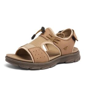 New Summer Breathable Mesh Men Sandals Fashion Roman Sandals Handmade Men Casual Shoes Platform Outdoor Men's Beach Sandals (Color: Khaki, size: 41)