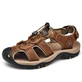 Summer Split Leather Men Sandals Big size 38-48 Non-Slip Beach Shoes Male Fashion Sandals Slippers Casual Men Roman Sandals (Color: Dark brown, size: 7)