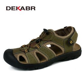 Genuine Leather Summer Shoes Men Sandals Fashion Casual Shoes Male Sandalias Beach Shoes Soft Soles Breathable Men Shoes (Color: Army Green, size: 7.5)