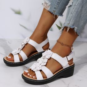 Summer New Women Sandals Fashion Ladies Solid Color Peep Toe Hook Loop Wedge Flower Shoes Outdoor Casual Comfy Female Footwear (Color: White, size: 35)