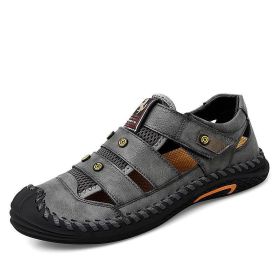 Summer Mens Sandals Genuine Leather Mesh Beach Shoes Outdoor Breathable Handmade Sandals Slipper Rubber Non-slip Big Size 38-48 (Color: Gray, size: 42)