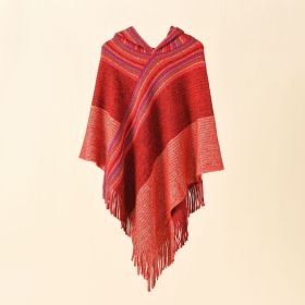 Women's color matching spring autumn winter hooded shawls mid-length student leisure tassel shawl travel (Color: Red)