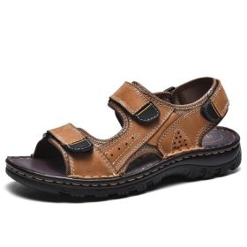 Brand Mens Gladiator Sandals Summer Leather Men's Sandals Comfortable Outdoor Men's Wading Shoes Leisure Beach Men Shoes Size 47 (Color: Khaki, size: 42)