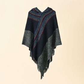 Women's color matching spring autumn winter hooded shawls mid-length student leisure tassel shawl travel (Color: Black)