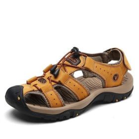 2022 Genuine Leather Men Sandals Summer Men Shoes Sneakers New Large Size Men's Sandals Fashion Sandals Slippers Big Size 38-47 (Color: yellow brown7239, size: 39)